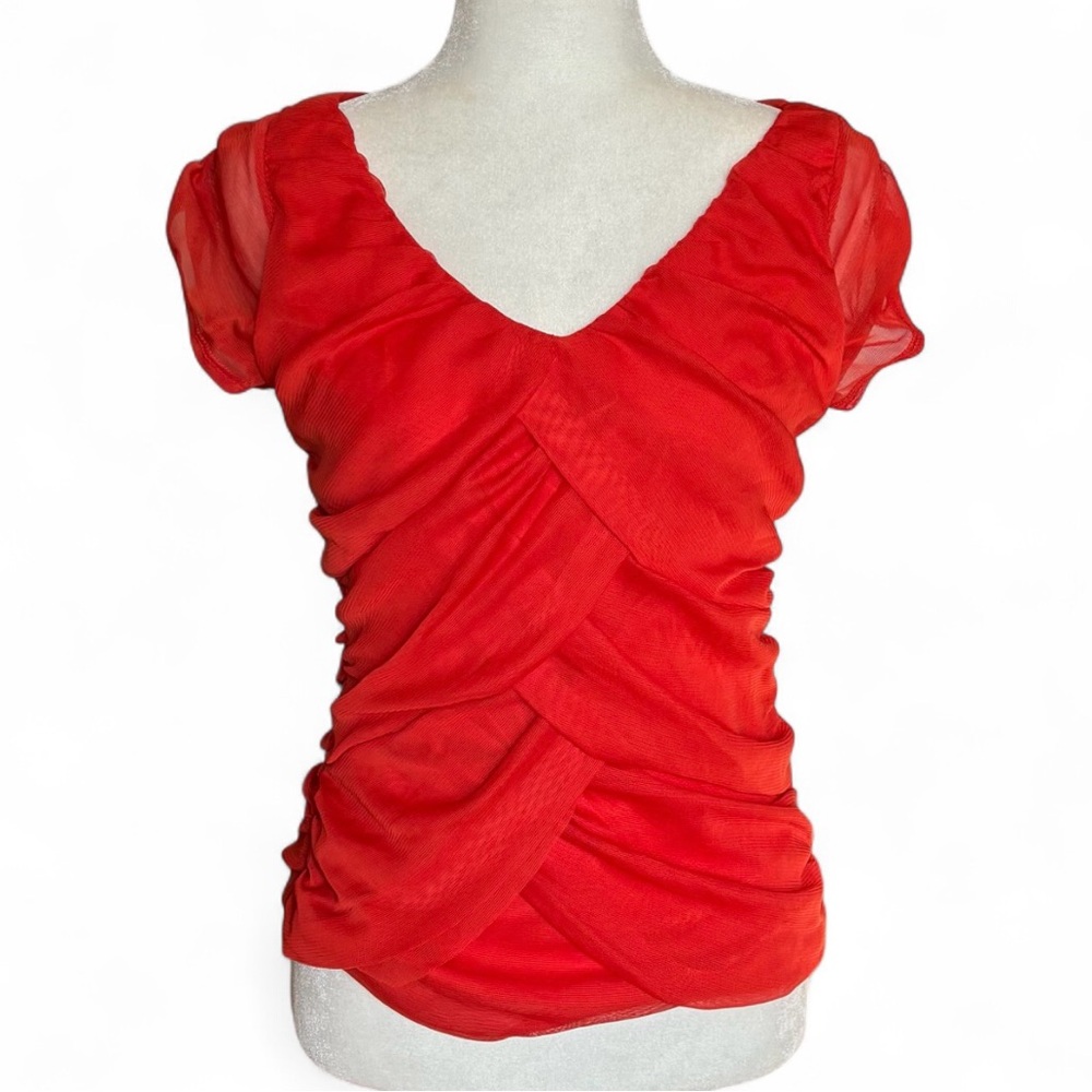 For Cynthia Vibrant Orange Red Tiered Mesh Cap Sleeve Top Size S